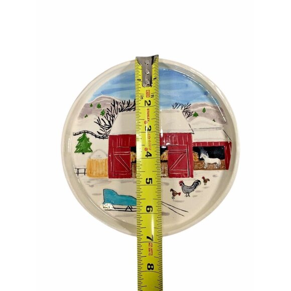 Vtg Ceramic Round Tray 7" Hand Painted Nativity Country Christmas Barn 55 Signed - Picture 5 of 9